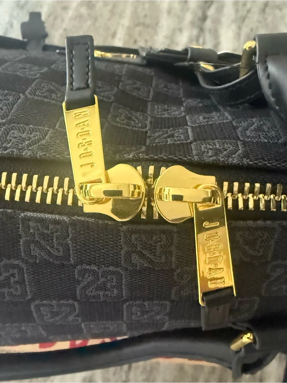 AIR JORDAN MONOGRAM DUFFLE BAG LUGGAGE JACQUARD BLACK GOLD GRATITUDE RETRO 11